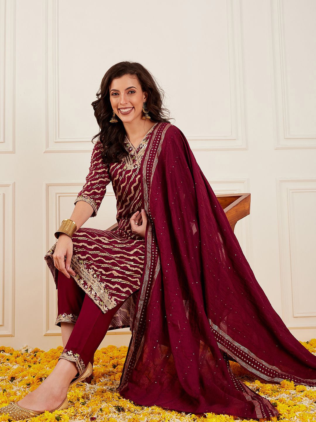

Sangria Floral Printed Sequinned Pure Silk Straight Kurta With Trouser & Dupatta, Maroon