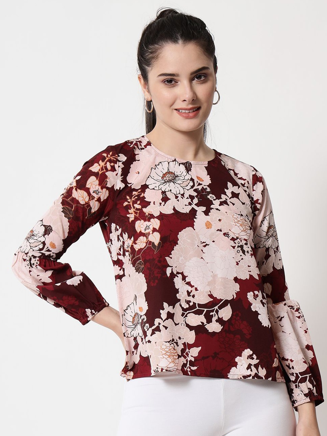 

Yaadleen Women Floral Printed Round Neck Top, Maroon