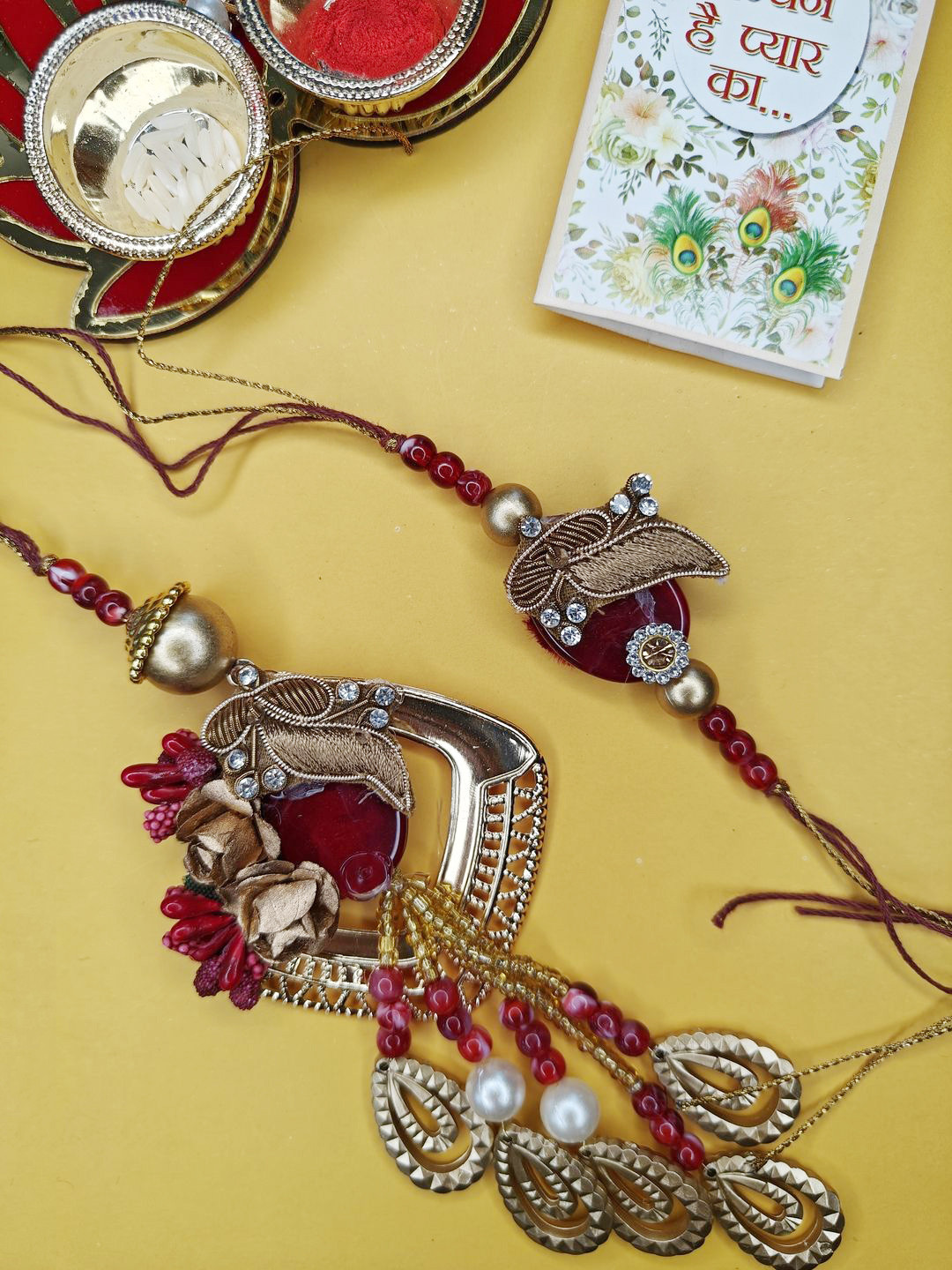 

NVR Stone Studed & Beaded Bhaiya Bhabhi Thread Rakhi With Roli Chawal, Gold