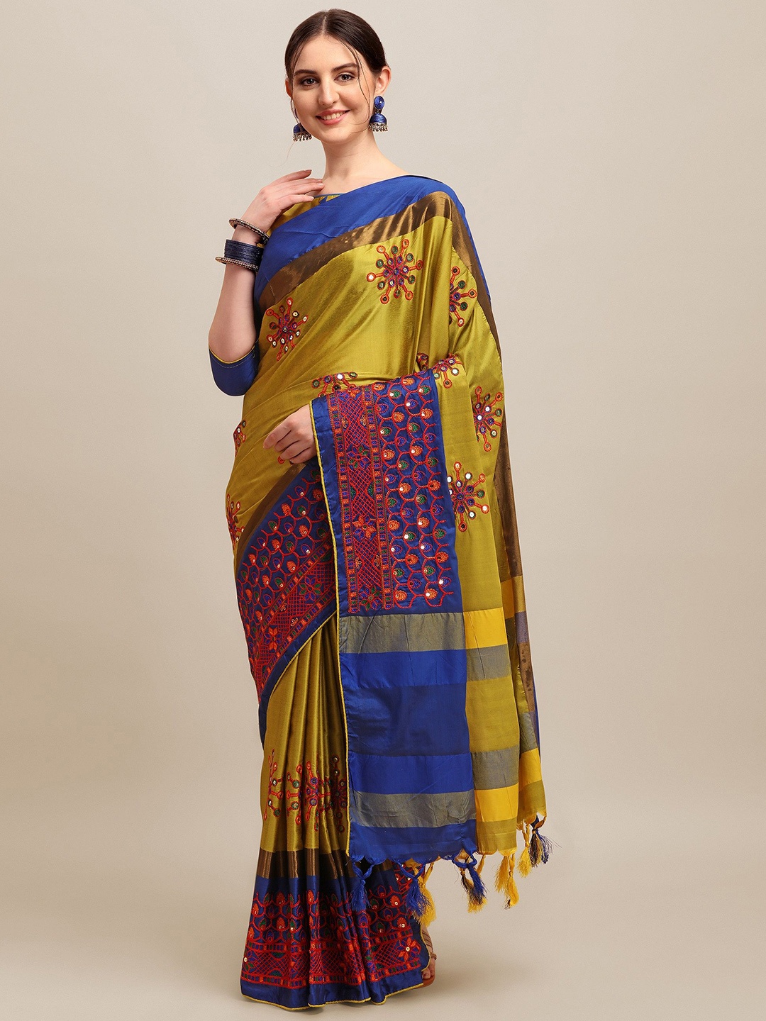 

KALINI Floral Embroidered Silk Cotton Saree, Yellow