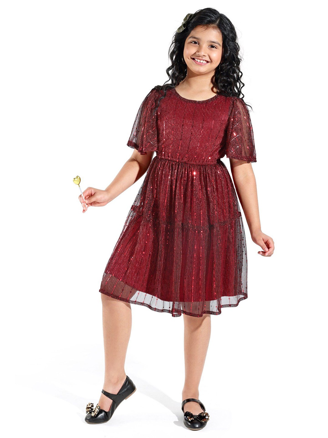

Hola Bonita Girls Embellished Flared Sleeve Tiered Fit & Flare Dress, Maroon