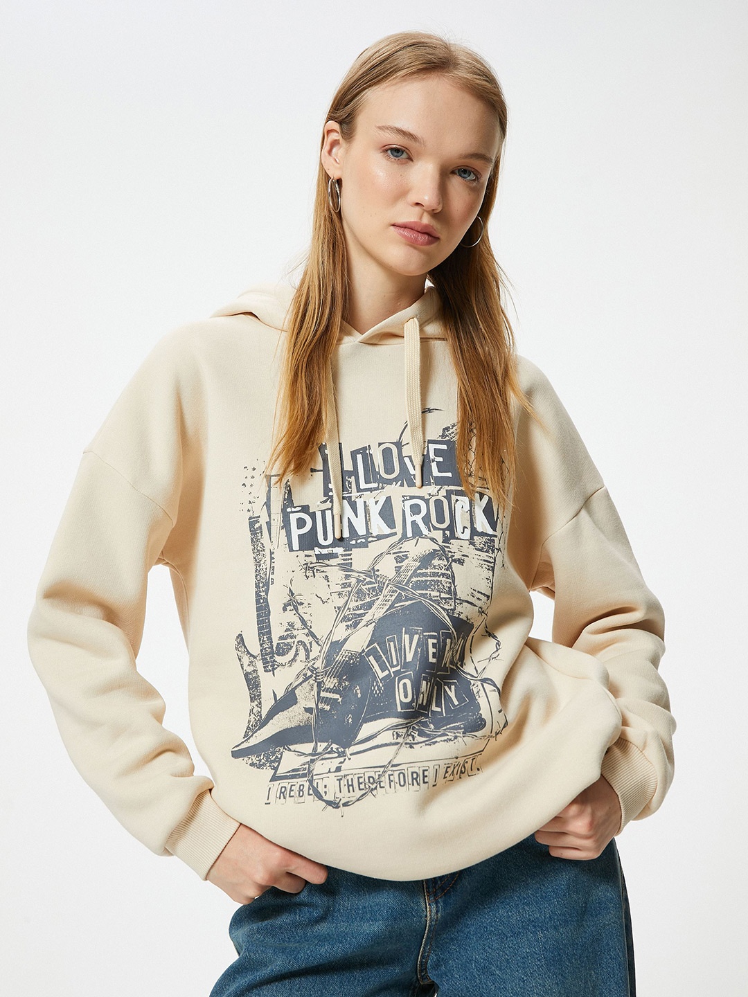 

Koton Women Printed Hooded Sweatshirt, Beige