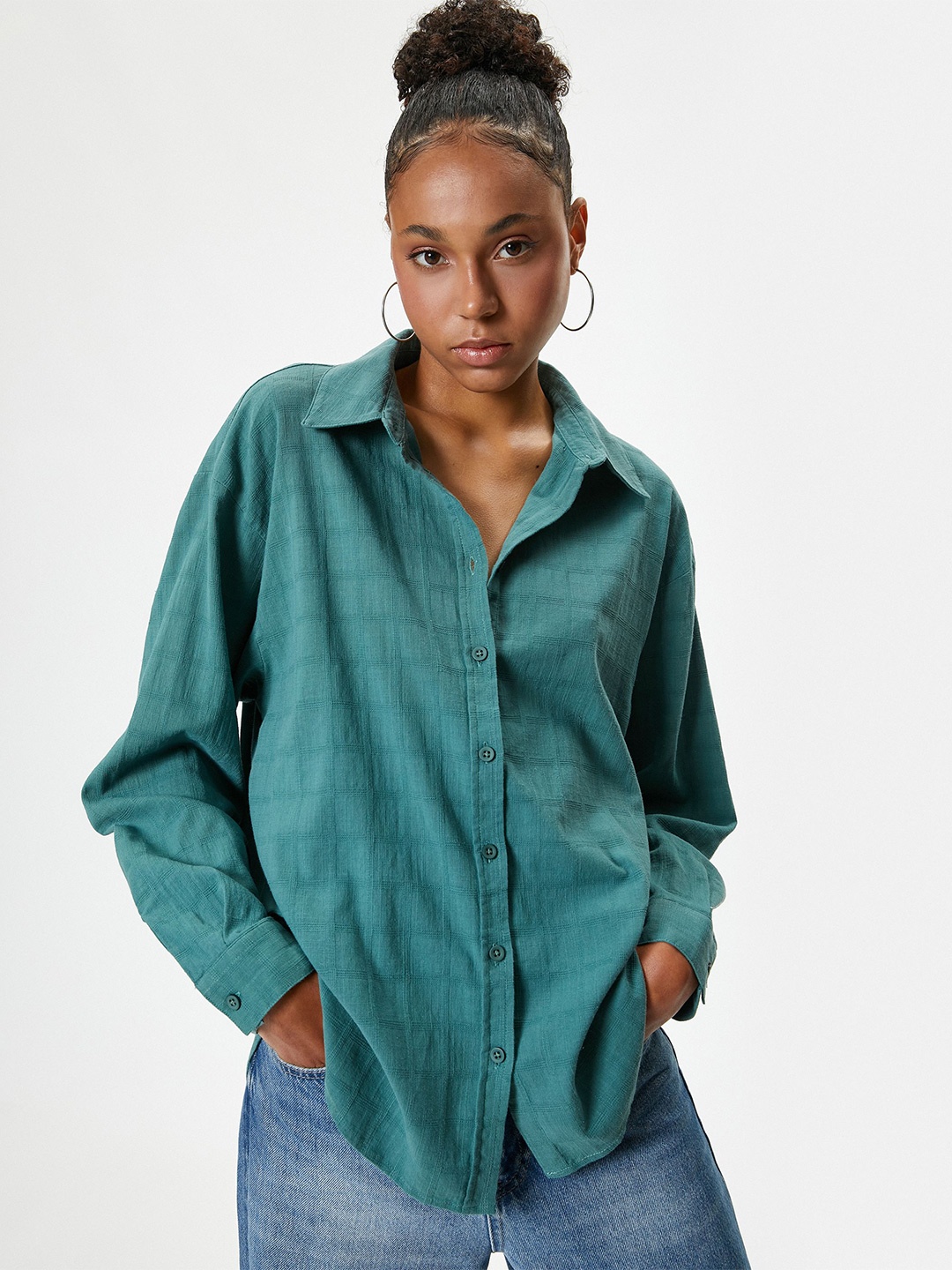 

Koton Women Spread Collar Solid Cotton Oversized Casual Shirt, Green