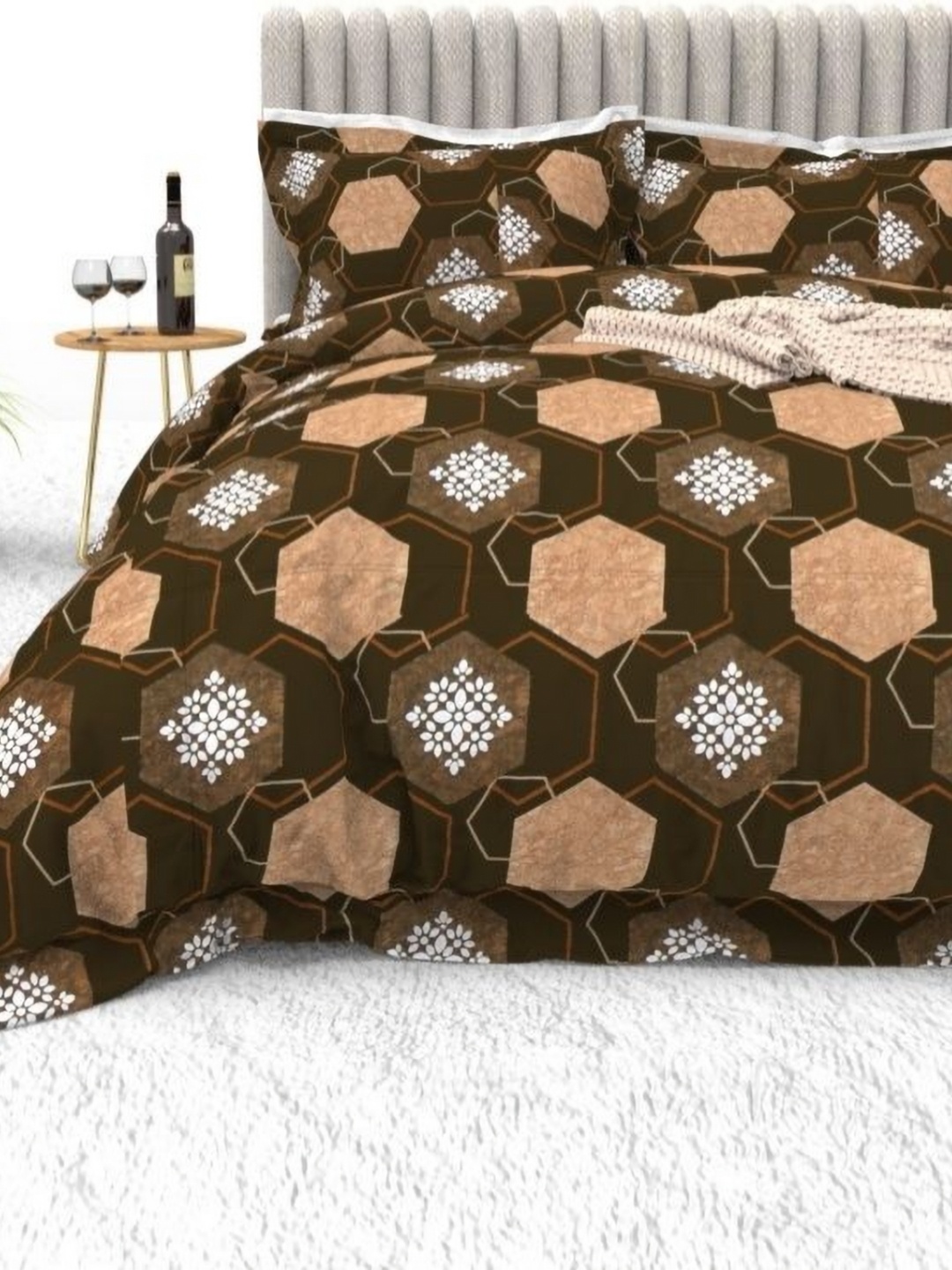 

THE WHITE MOSS Orange & Brown Geometric 220 TC King Bedsheet with 2 Pillow Covers