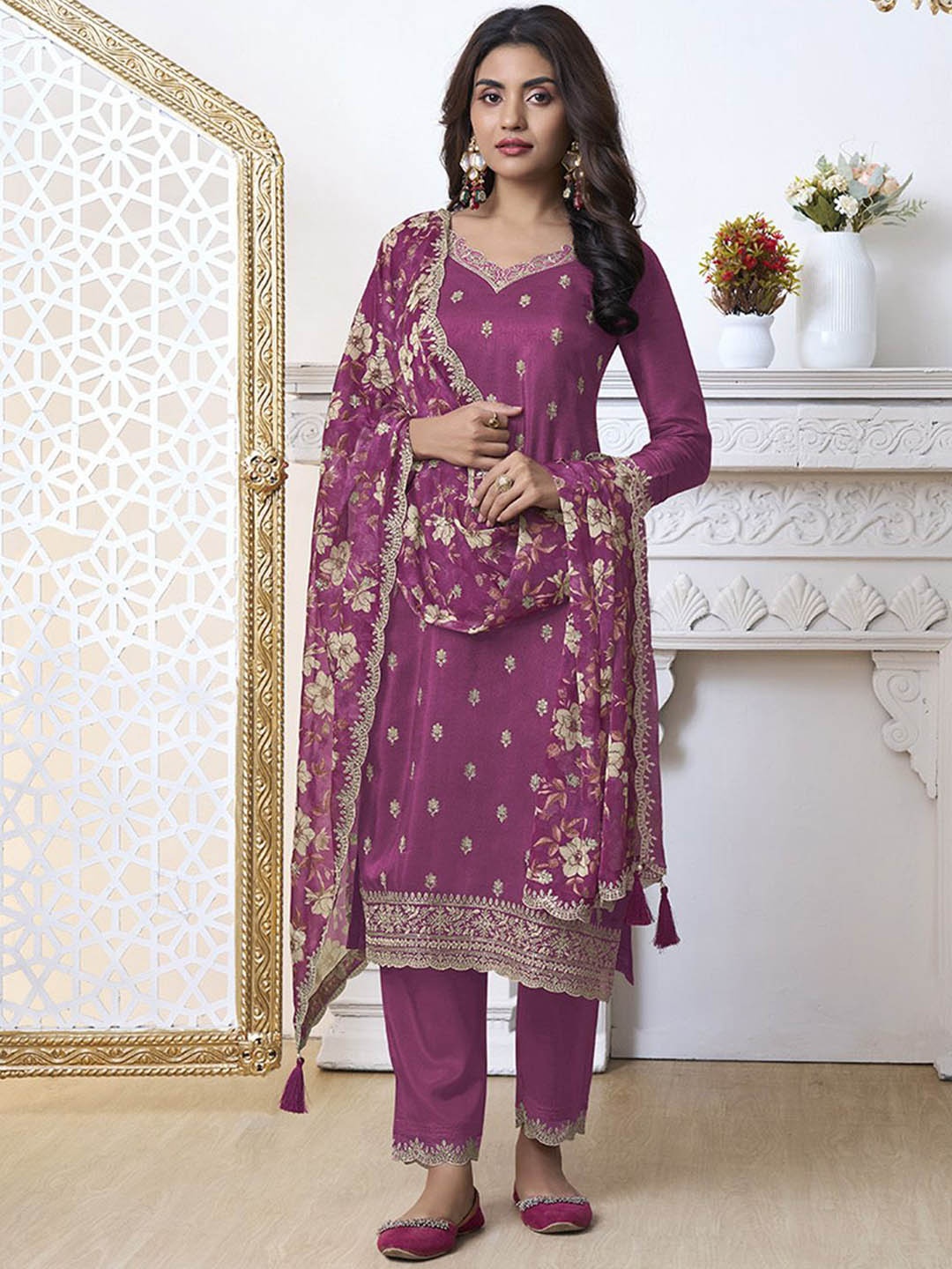 

Seerat Women Ethnic Motifs Embroidered Regular Thread Work Pure Silk Kurti with Trousers & With Dupatta, Purple