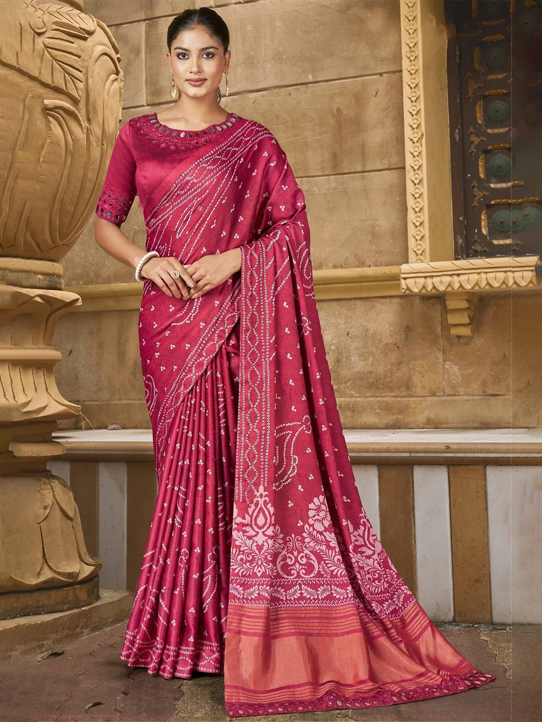 

MySilkLove Bandhani Mirror Work Silk Blend Banarasi Saree, Pink