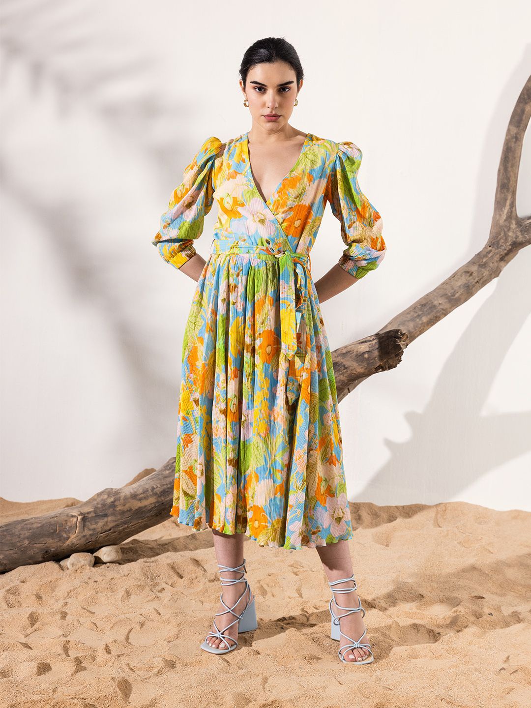 

REENA SHARMA Floral Print Flutter Sleeve Crepe Fit & Flare Dress, Multi