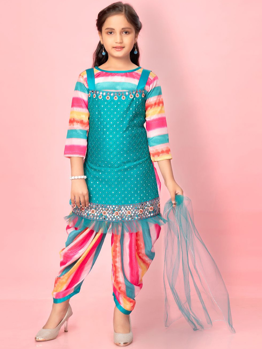 

BAESD Girls Ethnic Motifs Embroidered Mirror Work Pure Silk Kurti With Patiala & Dupatta, Green