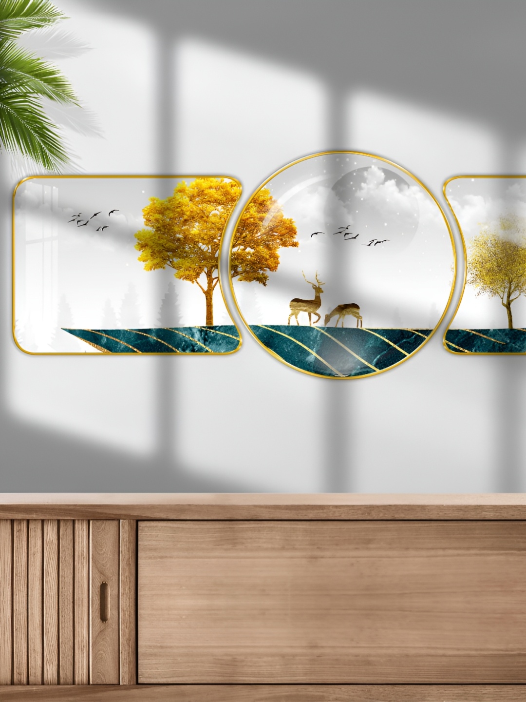

SAF White & Green 3 Piece Wood Abstract Wall Paintings
