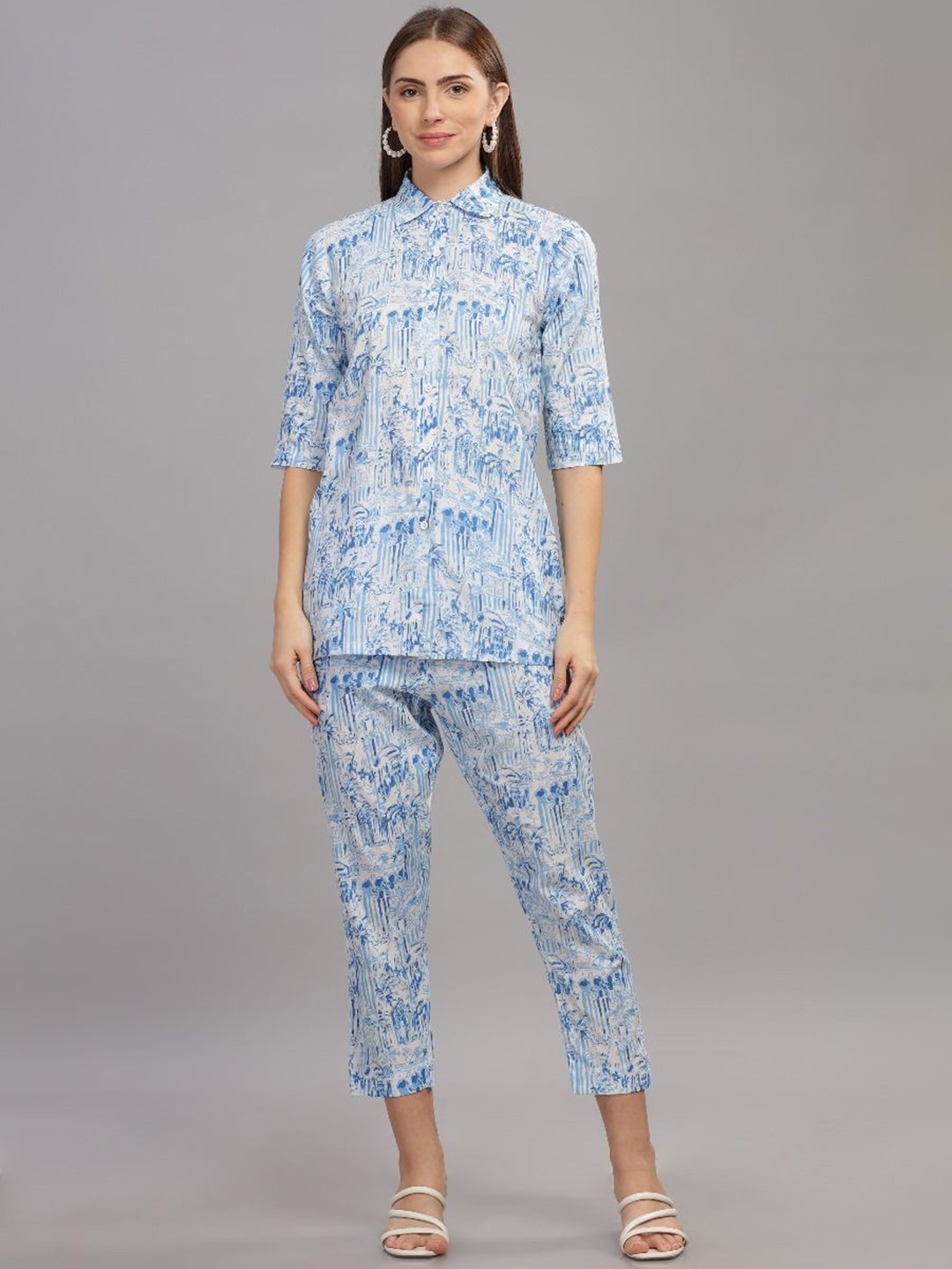 

THE VASILIKI Printed Pure Cotton Top & Trouser Co-Ords, Blue