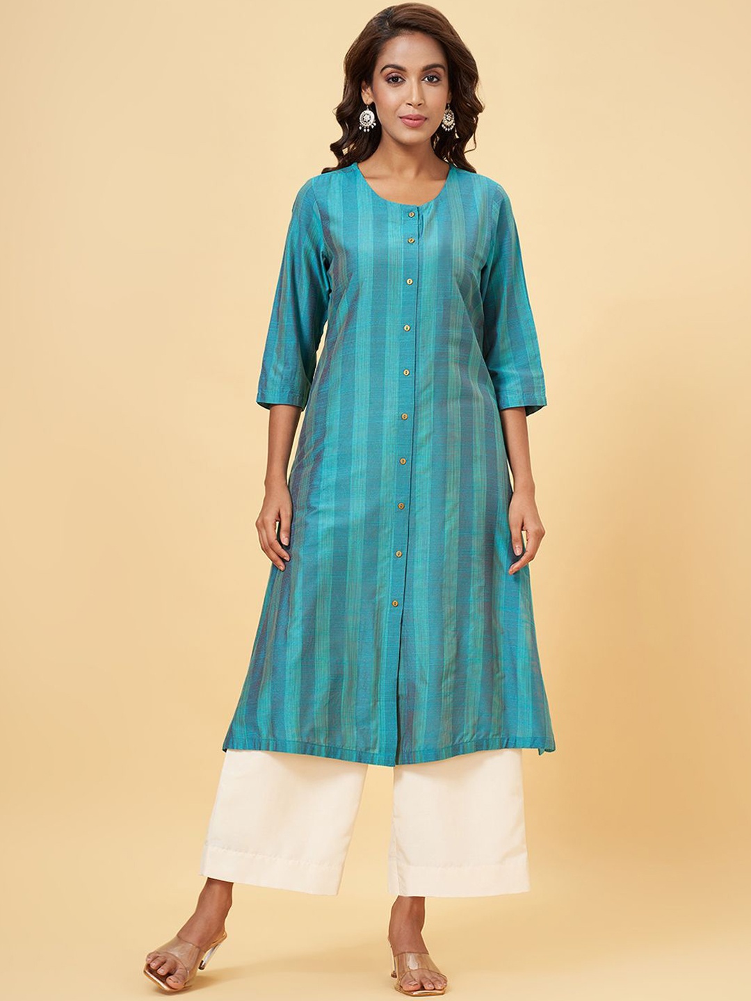 

RANGMANCH BY PANTALOONS Striped Woven Design Round Neck Panelled A-Line Kurta, Blue