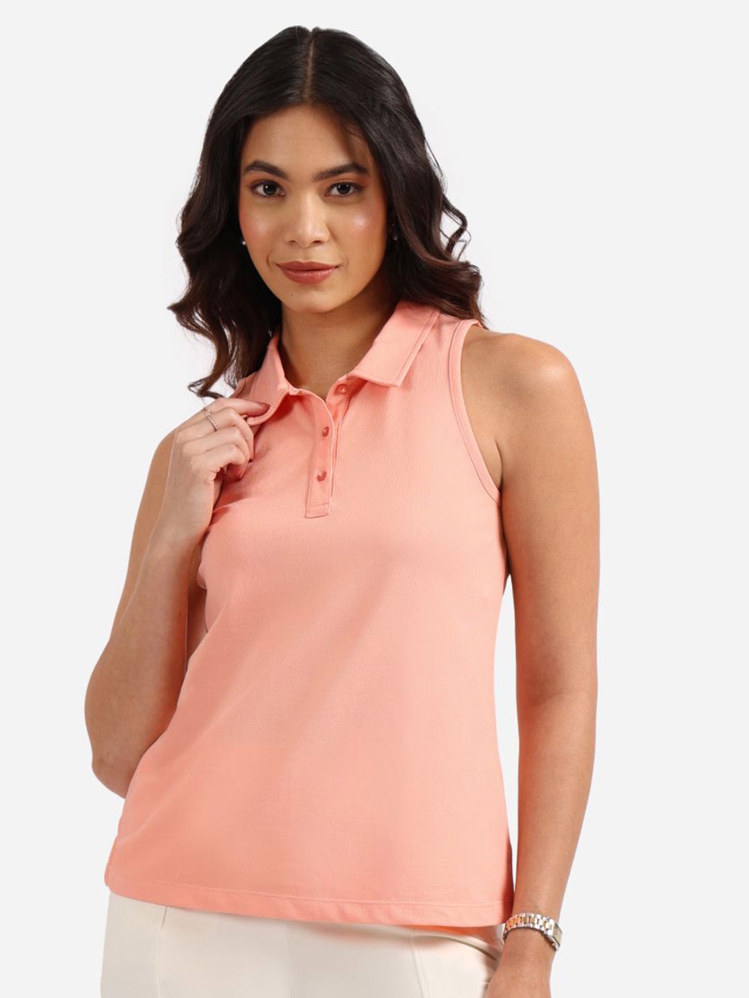 

Blissclub Women Polo Collar Extended Sleeves T-shirt, Peach