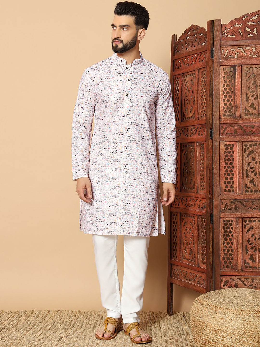 

FoxDX Abstract Printed Mandarin Collar Pure Cotton Straight Kurta, White