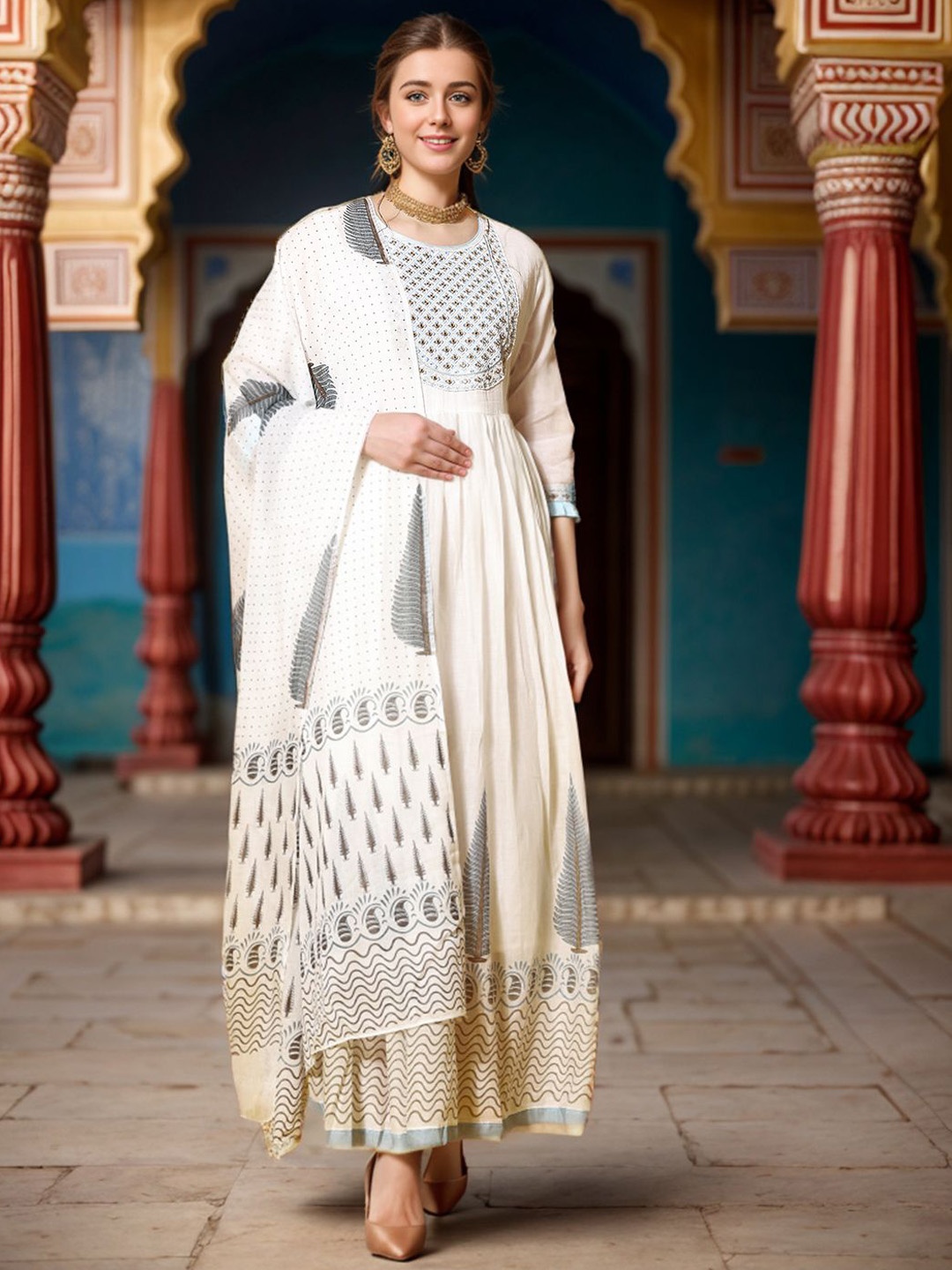 

KALINI Floral Embroidered Mirror Work Anarkali Kurta With Trousers & Dupatta, Grey