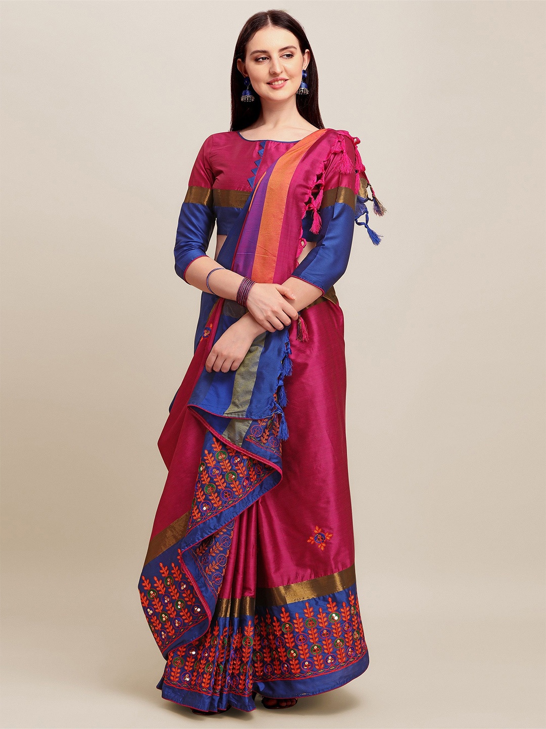 

KALINI Floral Sequinned Silk Cotton Saree, Blue