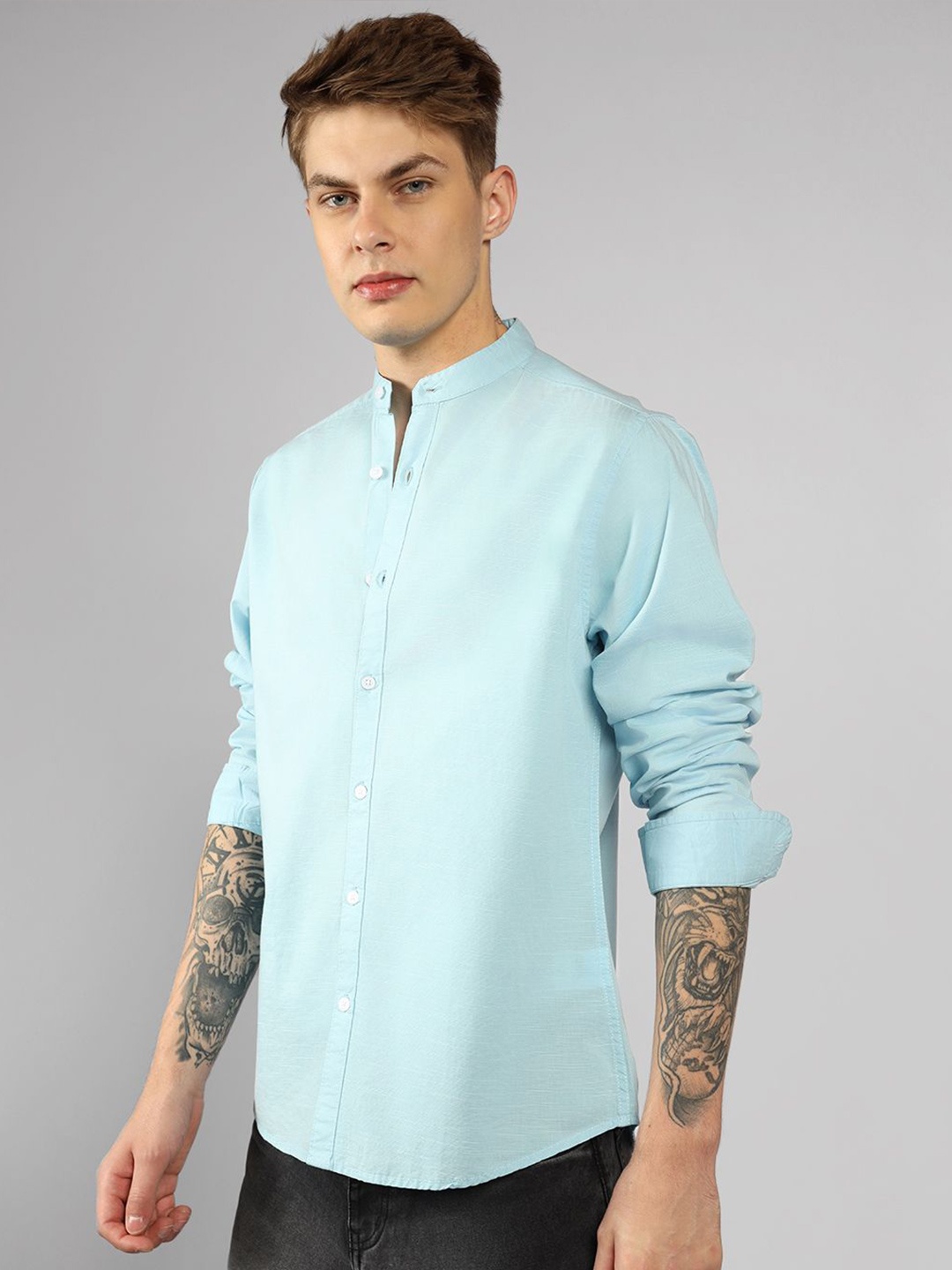 

Dennis Lingo Men Mandarin Collar Solid Cotton Casual Shirt, Blue