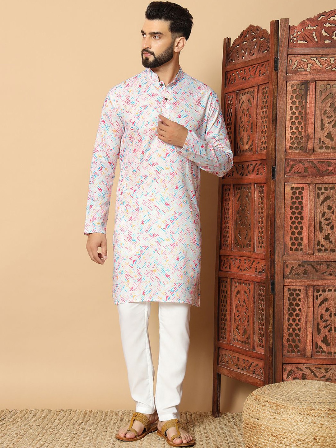 

FoxDX Abstract Printed Mandarin Collar Pure Cotton Straight Kurta, White