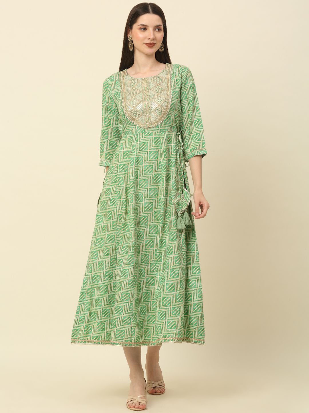 

KALINI Geometric Printed Embroidered A-Line Midi Ethnic Dress, Green