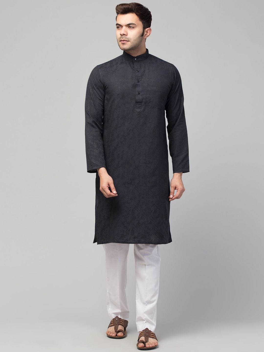 

MUSHKIYA Mandarin Collar Pure Cotton Straight Kurta, Black