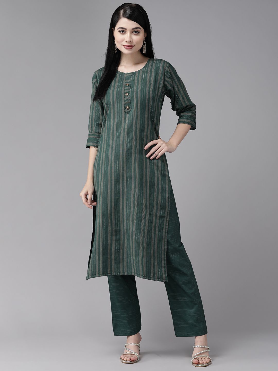 

BAESD Striped Pure Cotton Straight Kurta With Trousers, Green