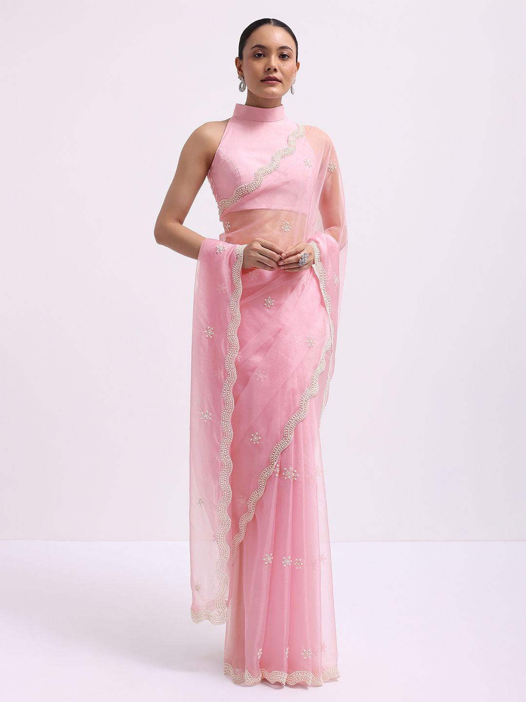 

KALKI Fashion Embellished Beads and Stones Organza Saree, Pink