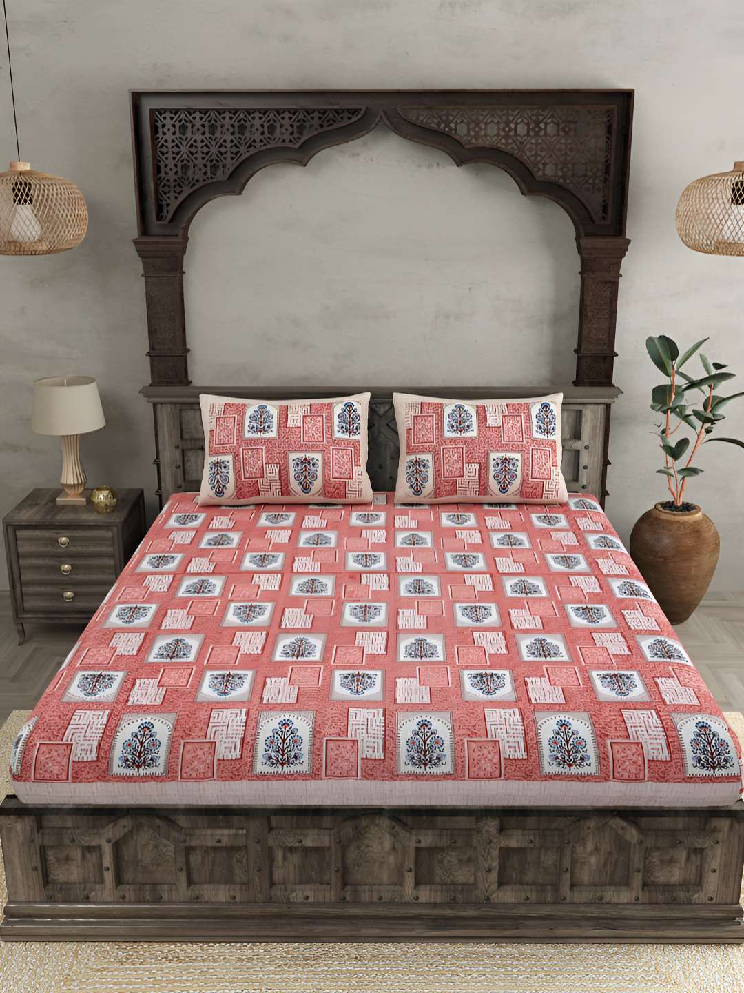 

BED-SHEET.COM Pink Pure Cotton Ethnic Motifs 144 TC King Bedsheet with 2 Pillow Covers