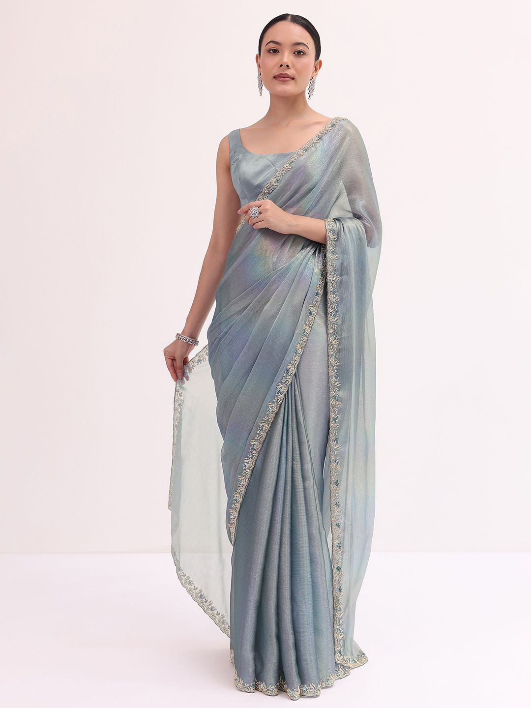 

KALKI Fashion Beads and Stones Silk Blend Blue Embroidered Saree