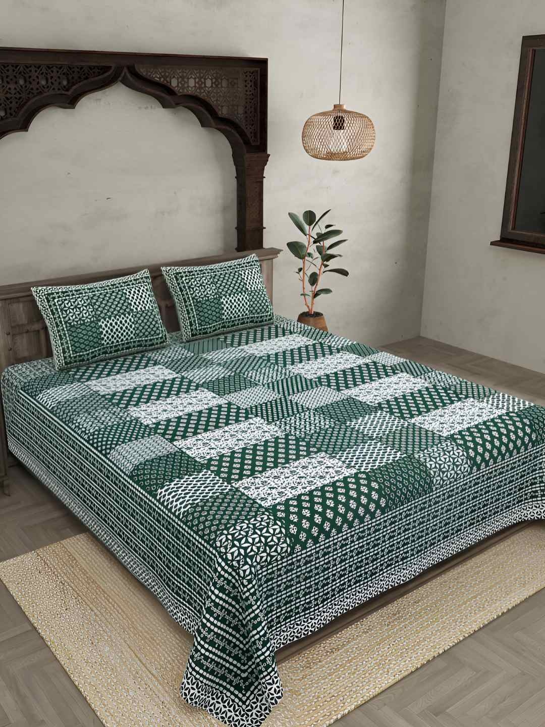 

BED-SHEET.COM Green Pure Cotton Geometric 144 TC King Bedsheet with 2 Pillow Covers