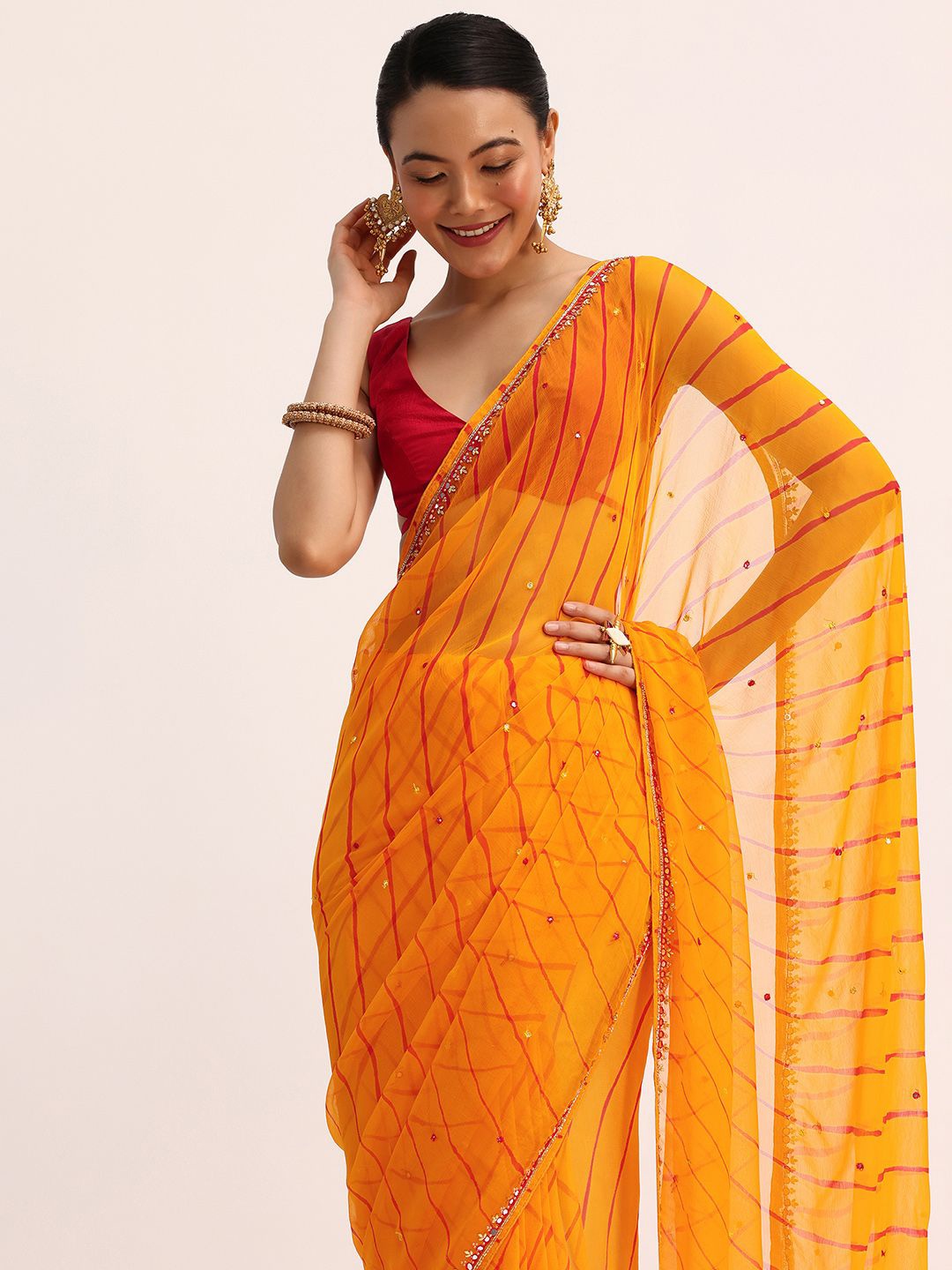 

KALKI Fashion Leheriya Mirror Work Pure Chiffon Leheriya Saree, Orange