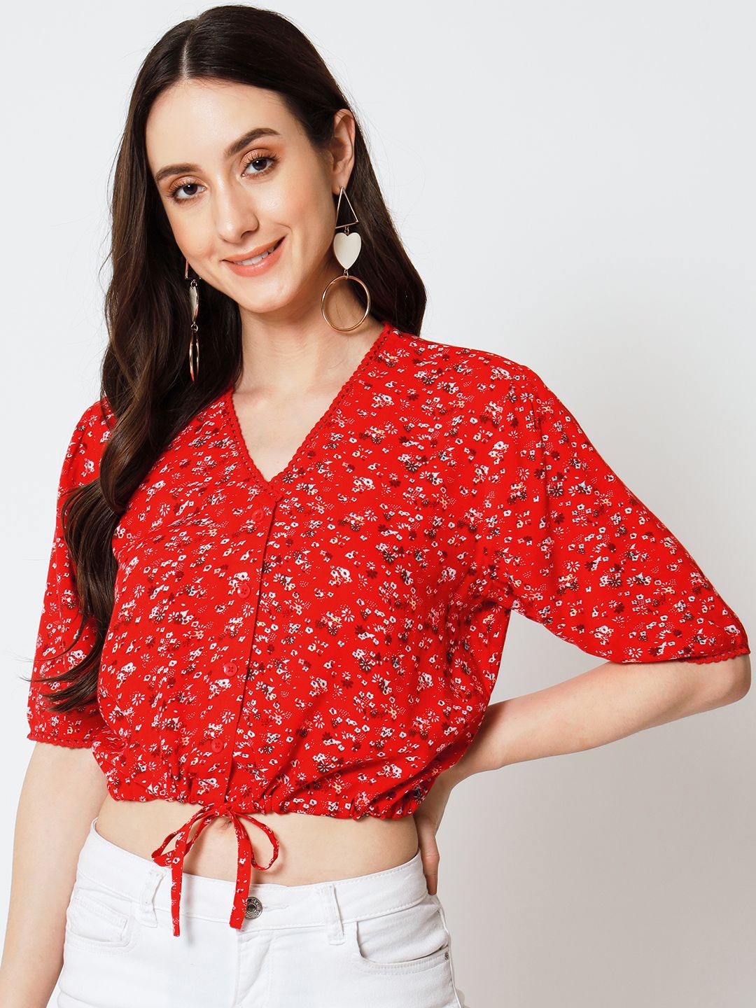 

Yaadleen Floral Print Cotton Blouson Crop Top, Red