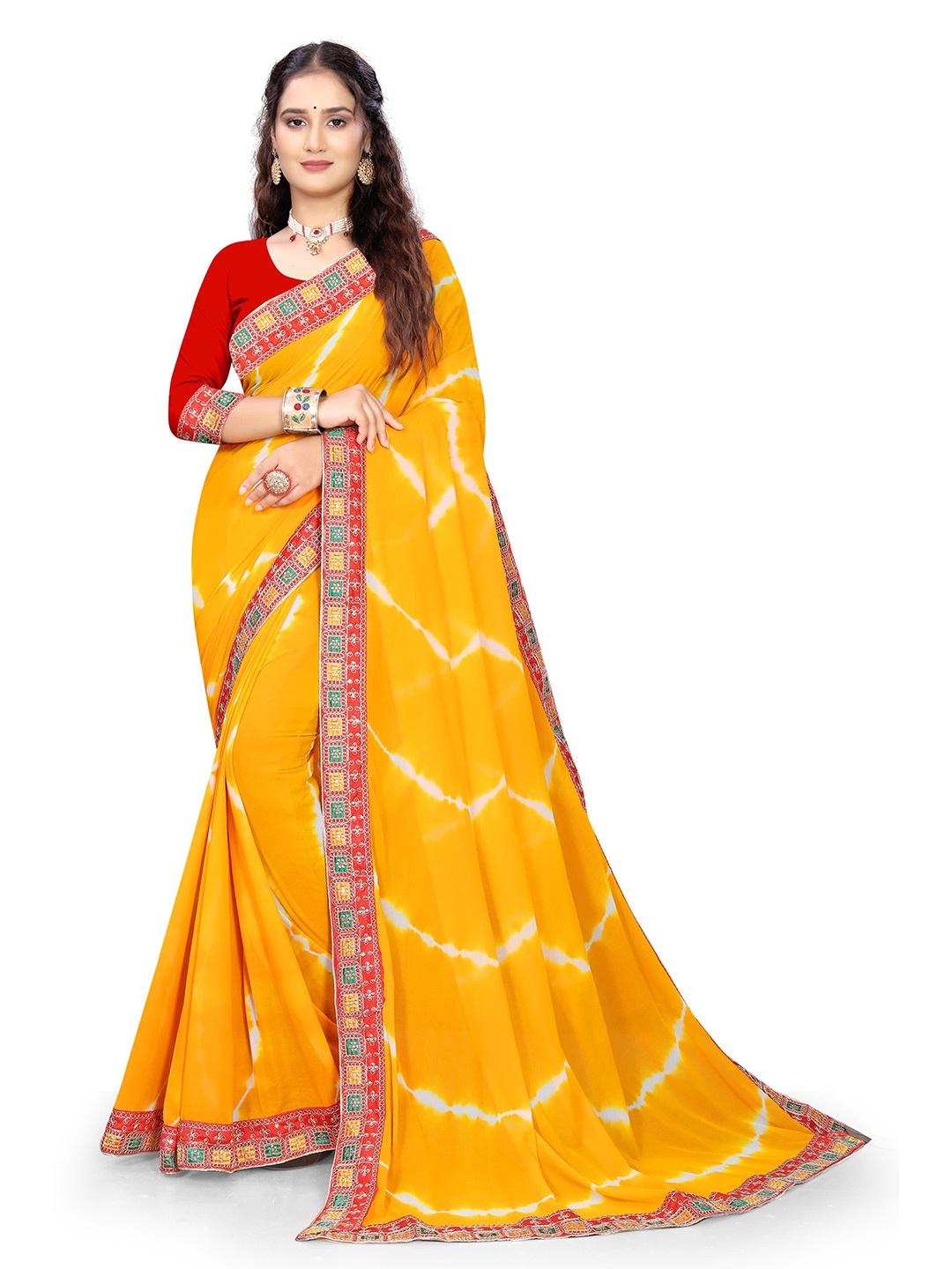 

Pemal Designer Leheriya Embroidered Pure Georgette Leheriya Saree, Yellow