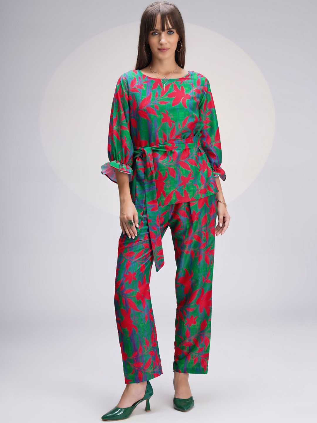 

KALINI A-line Floral Printed Top With Trouser Co-ords, Green