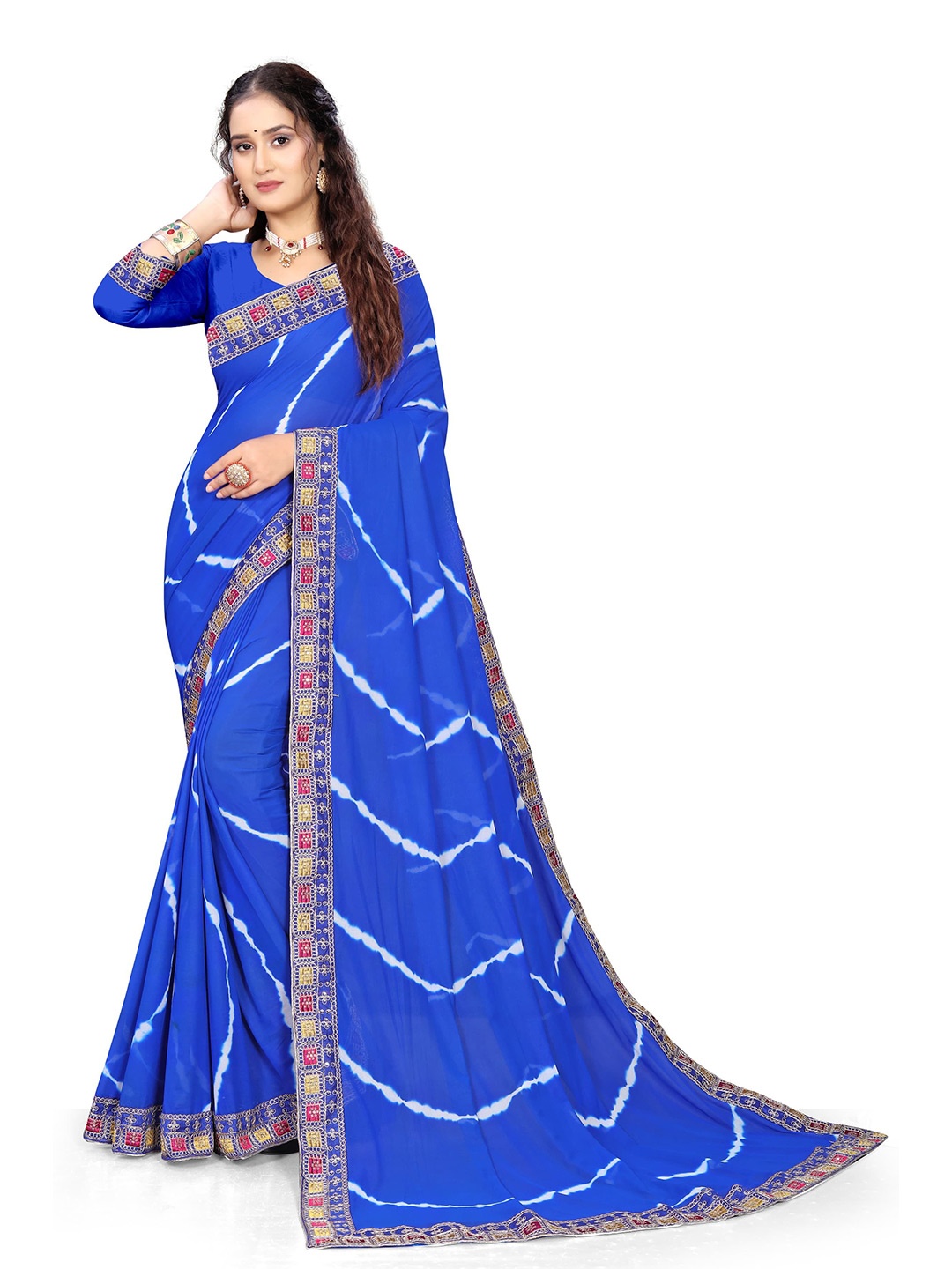 

Pemal Designer Leheriya Pure Georgette Leheriya Saree, Blue