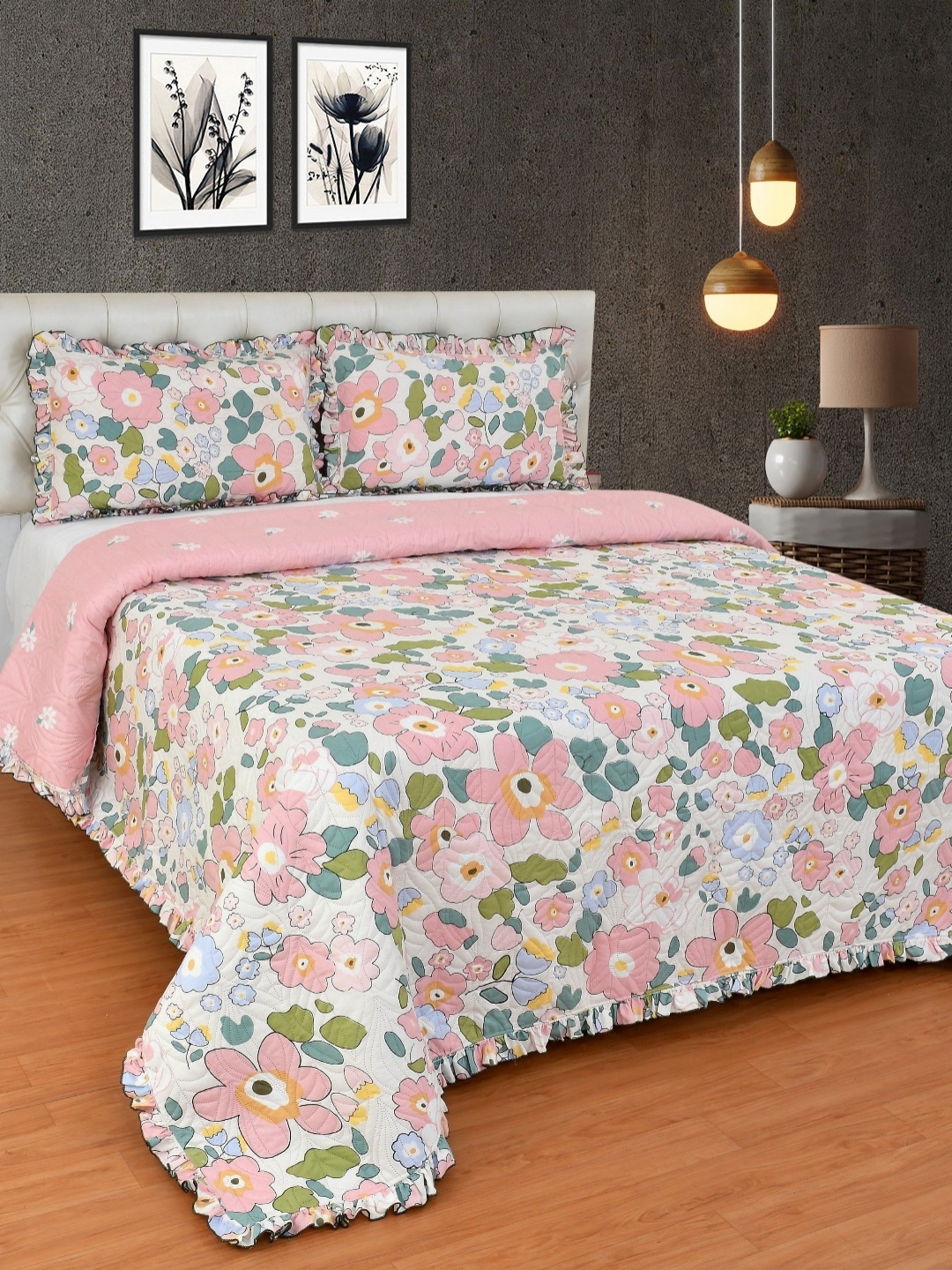 

MORADO Pink & Green Floral Cotton Quilted Double Queen Bed Cover & 2 Pillow Covers