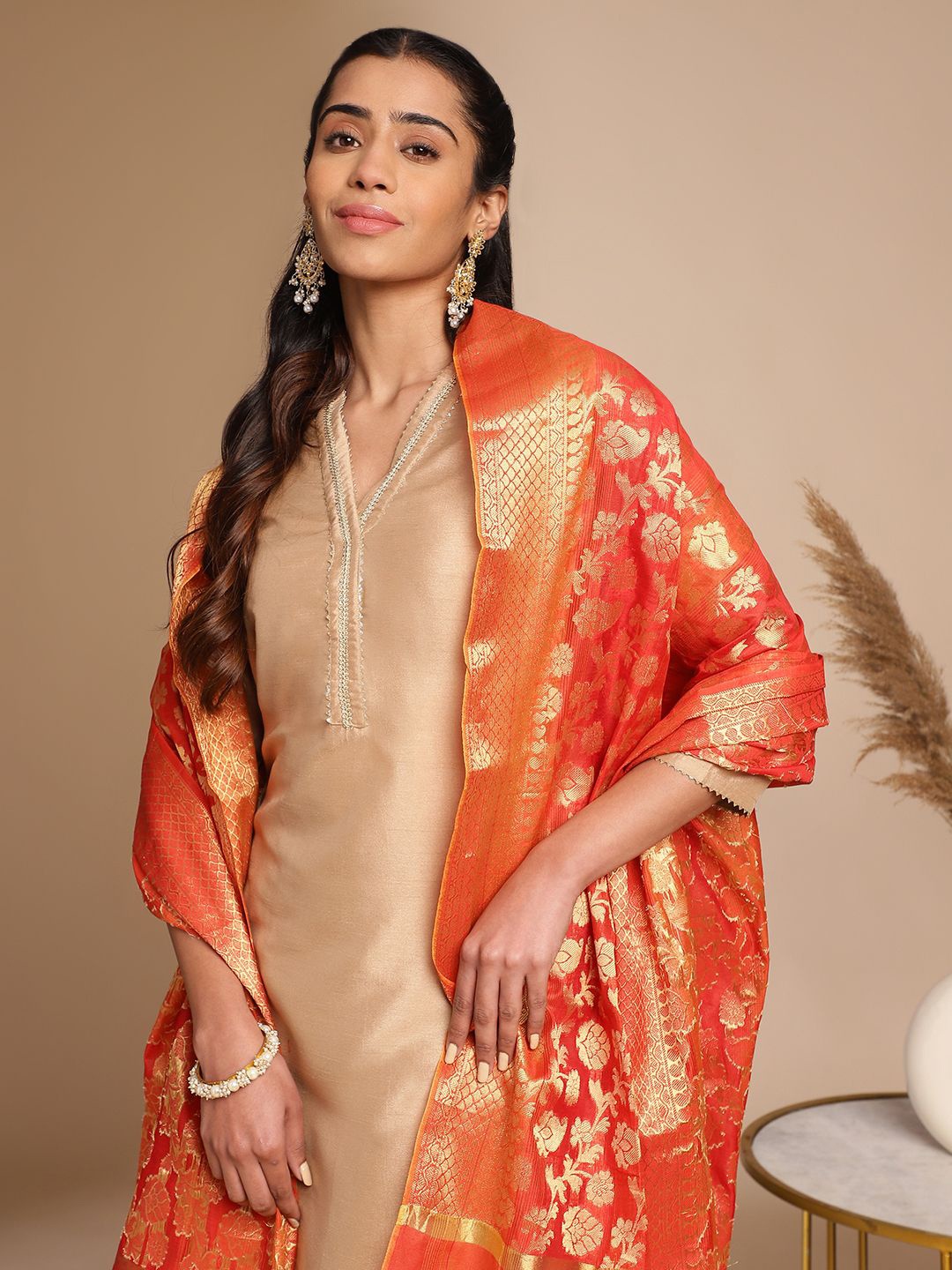 

Janasya Yoke Design Gotta Patti Straight Kurta With Trousers & Dupatta, Beige