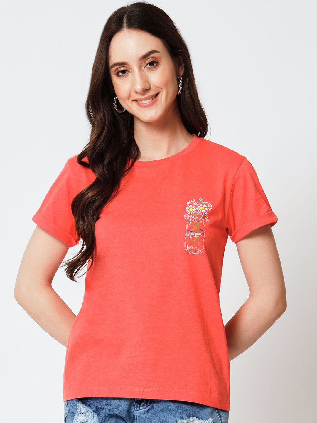 

Yaadleen Women Floral Printed Round Neck Cotton Top, Coral