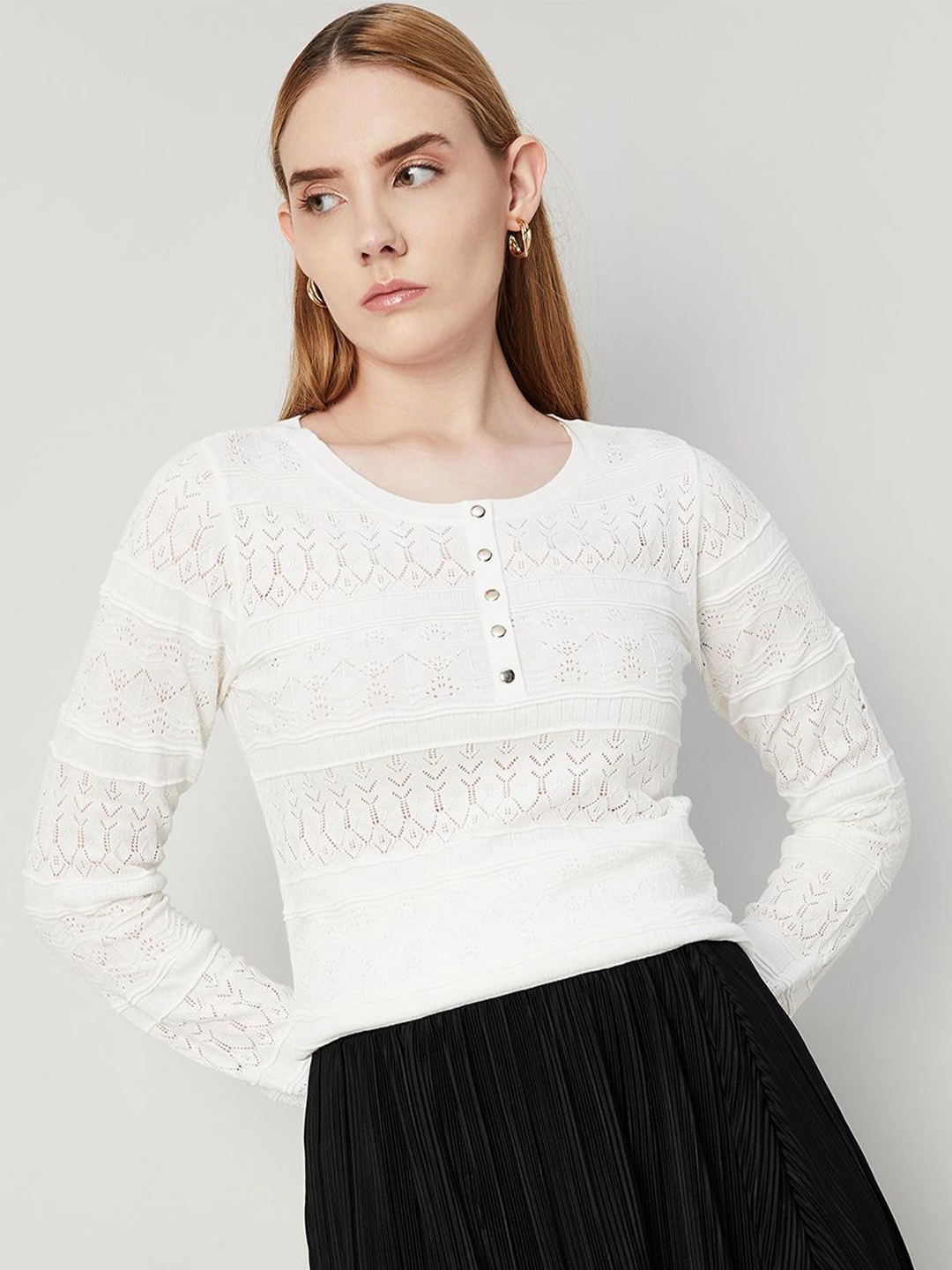 

CODE by Lifestyle Women Self Design Round Neck Top, Cream