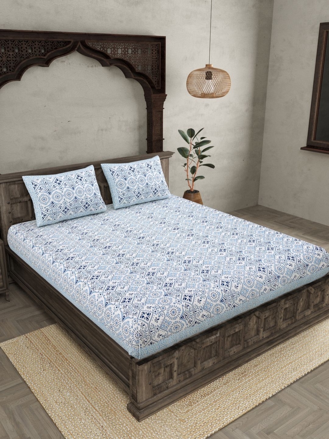 

JAIPUR FABRIC Blue Ethnic Motifs 144 TC Pure Cotton King Bedsheet with 2 Pillow Covers