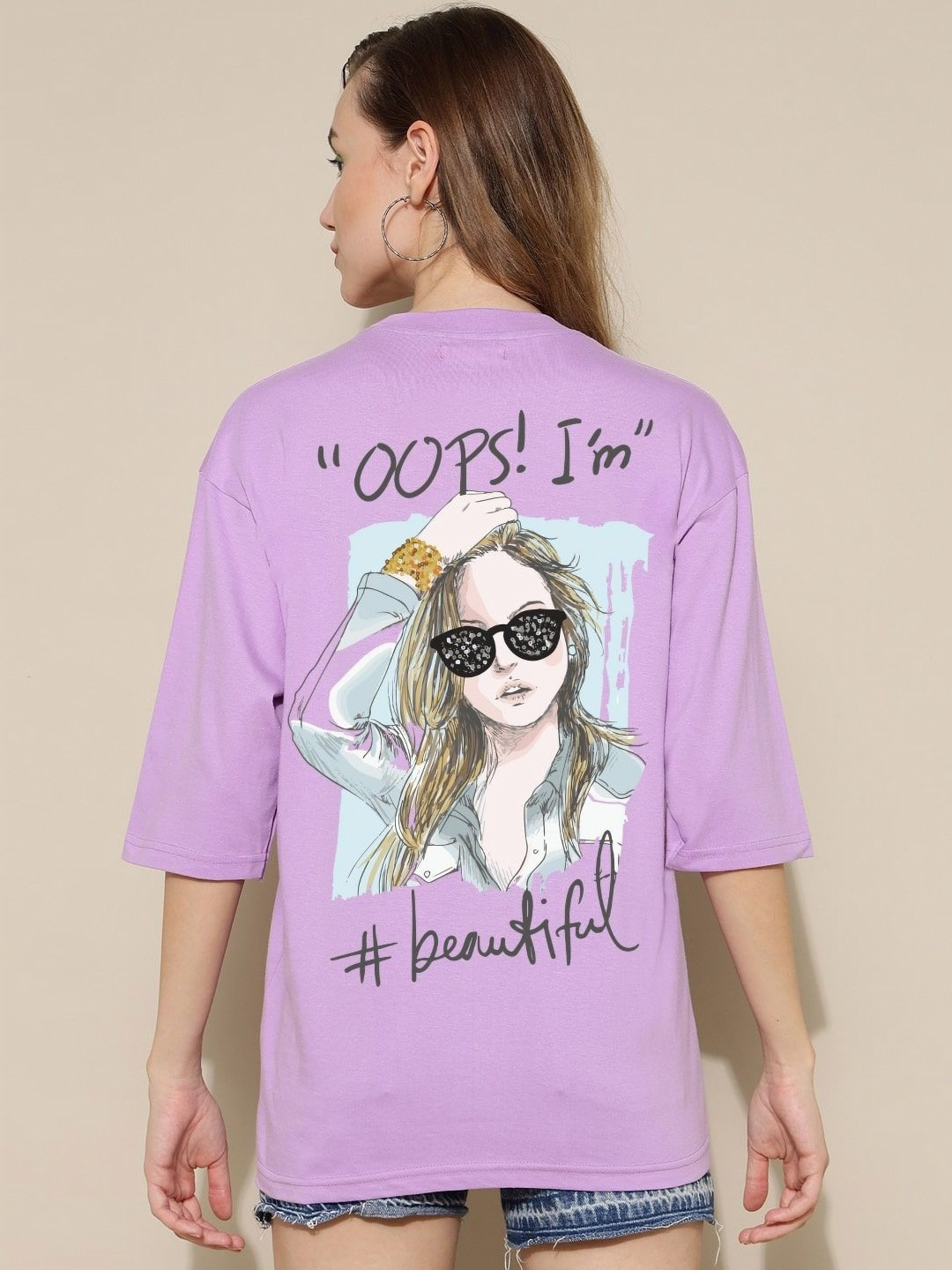 

Gavin Paris Women Bio Finish Graphic Printed Round Neck Pure Cotton Oversized T-Shirt, Purple