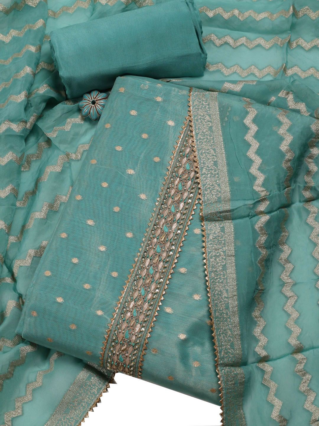 

Meena Bazaar Art Silk Unstitched Dress Material, Sea green