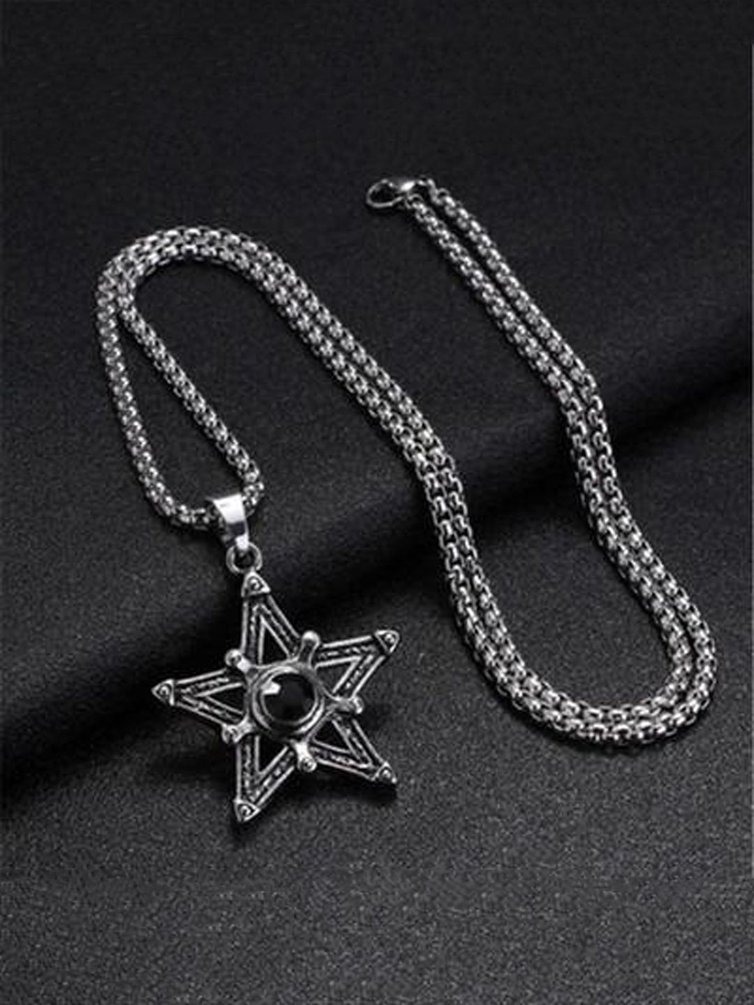 

KRENOZ Men Silver-Plated Star Shaped Stainless Steel Pendant With Chain