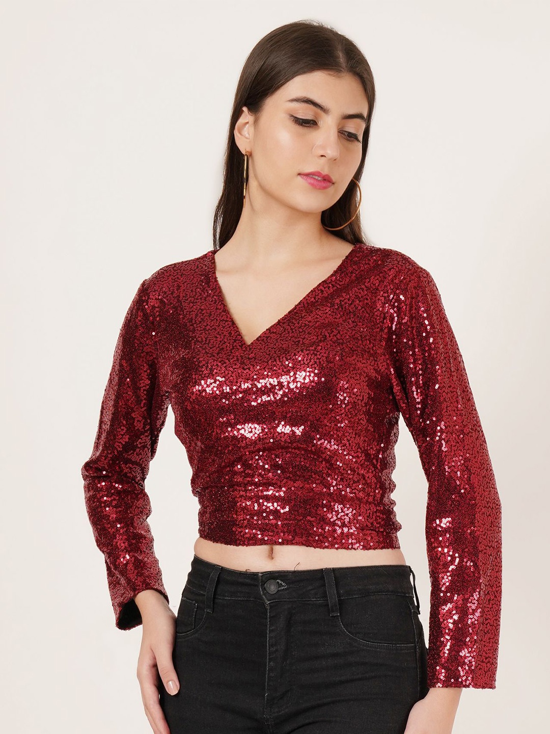 

Karmic Vision Women Embellished V-Neck Top, Red