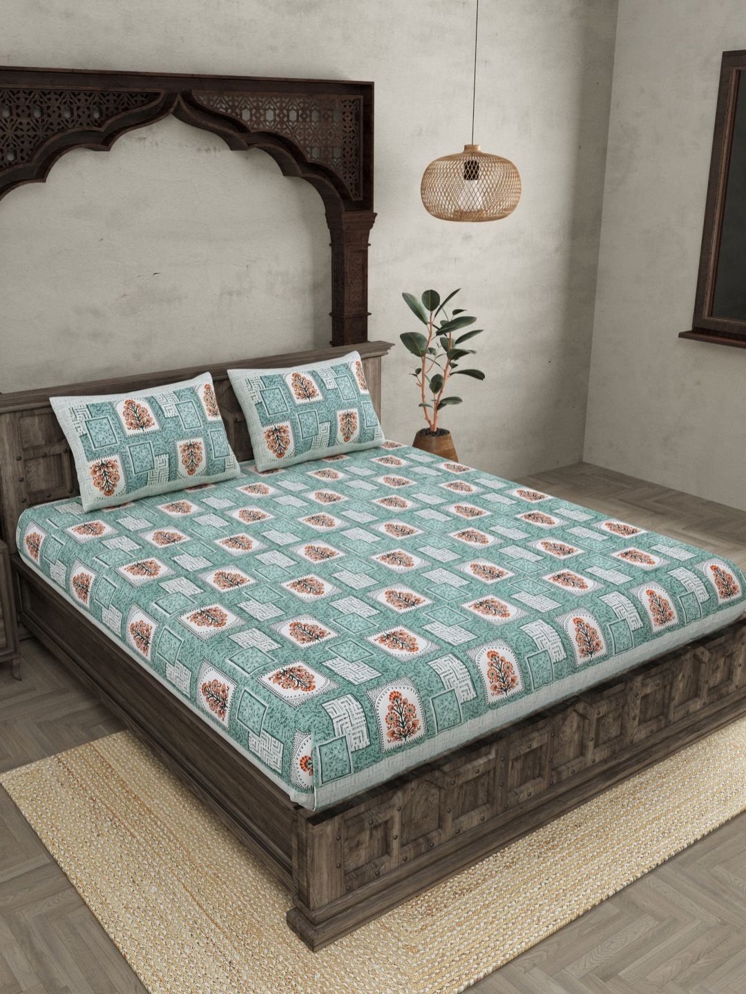 

JAIPUR FABRIC Green Ethnic Motifs 144 TC Pure Cotton King Bedsheet with 2 Pillow Covers