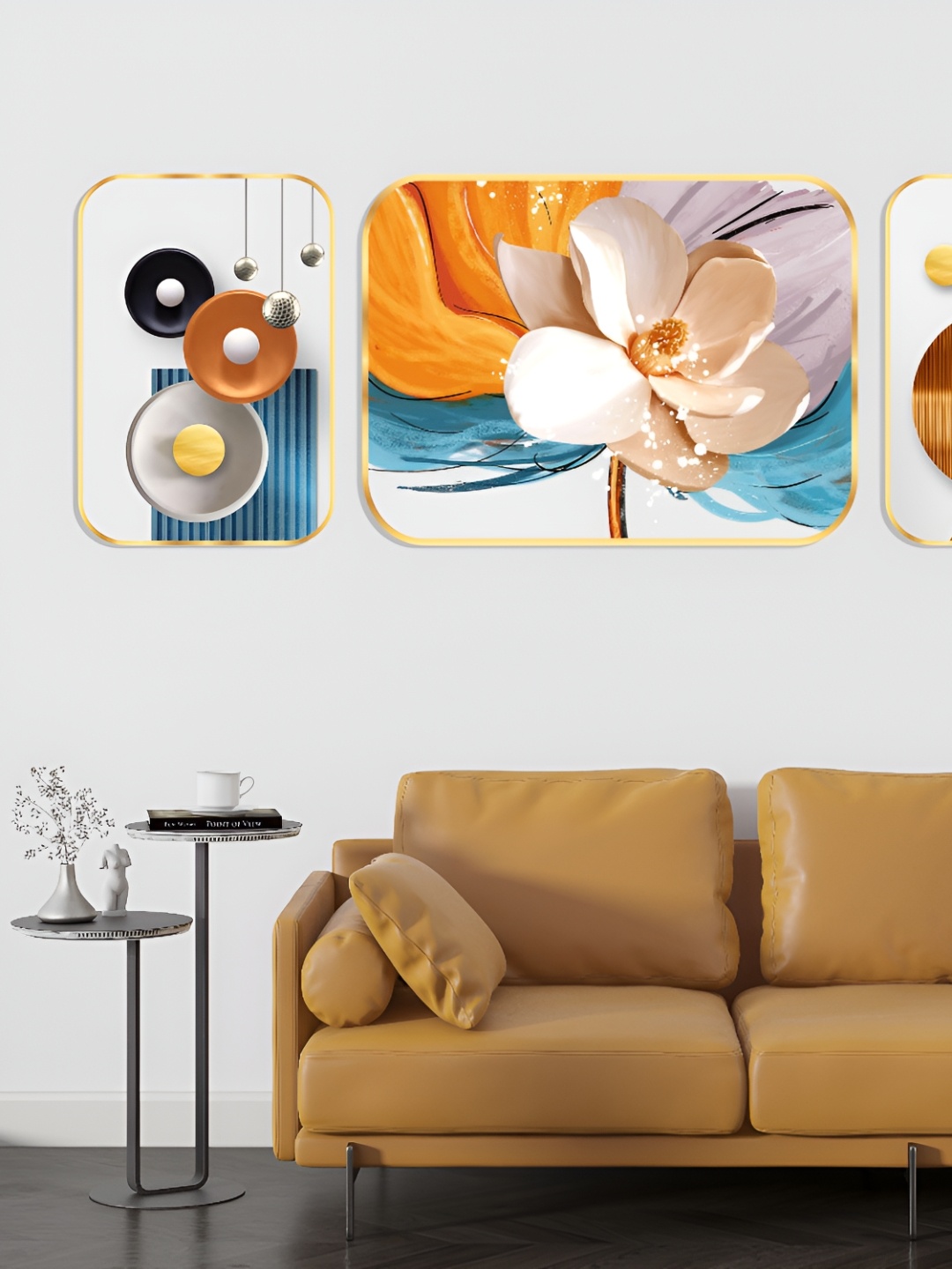 

Aura White & Orange 3 Pieces Wooden Abstract Wall Paintings