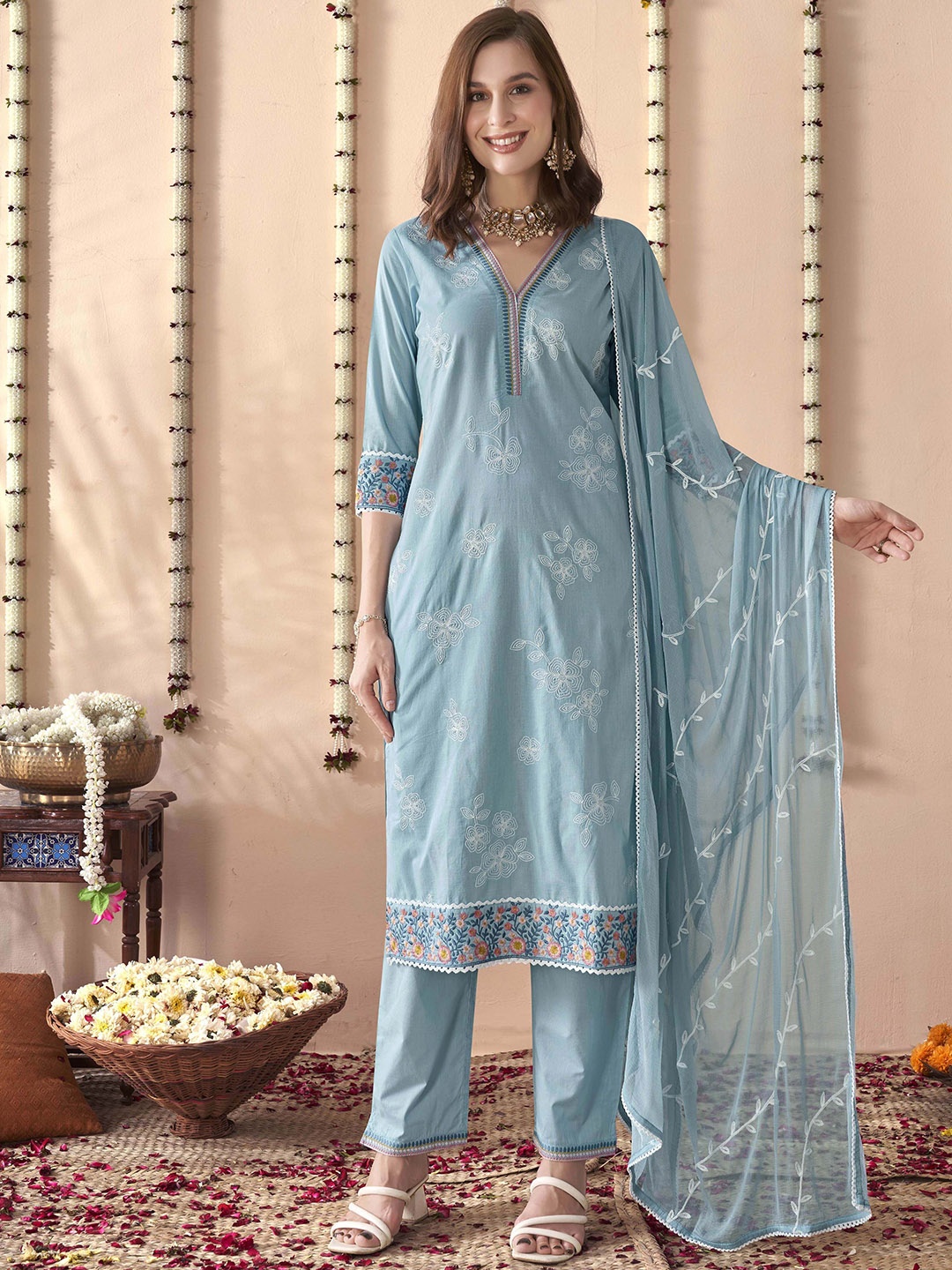 

Anouk Floral Embroidered V-Neck Pure Cotton Kurta with Trousers & Dupatta, Blue