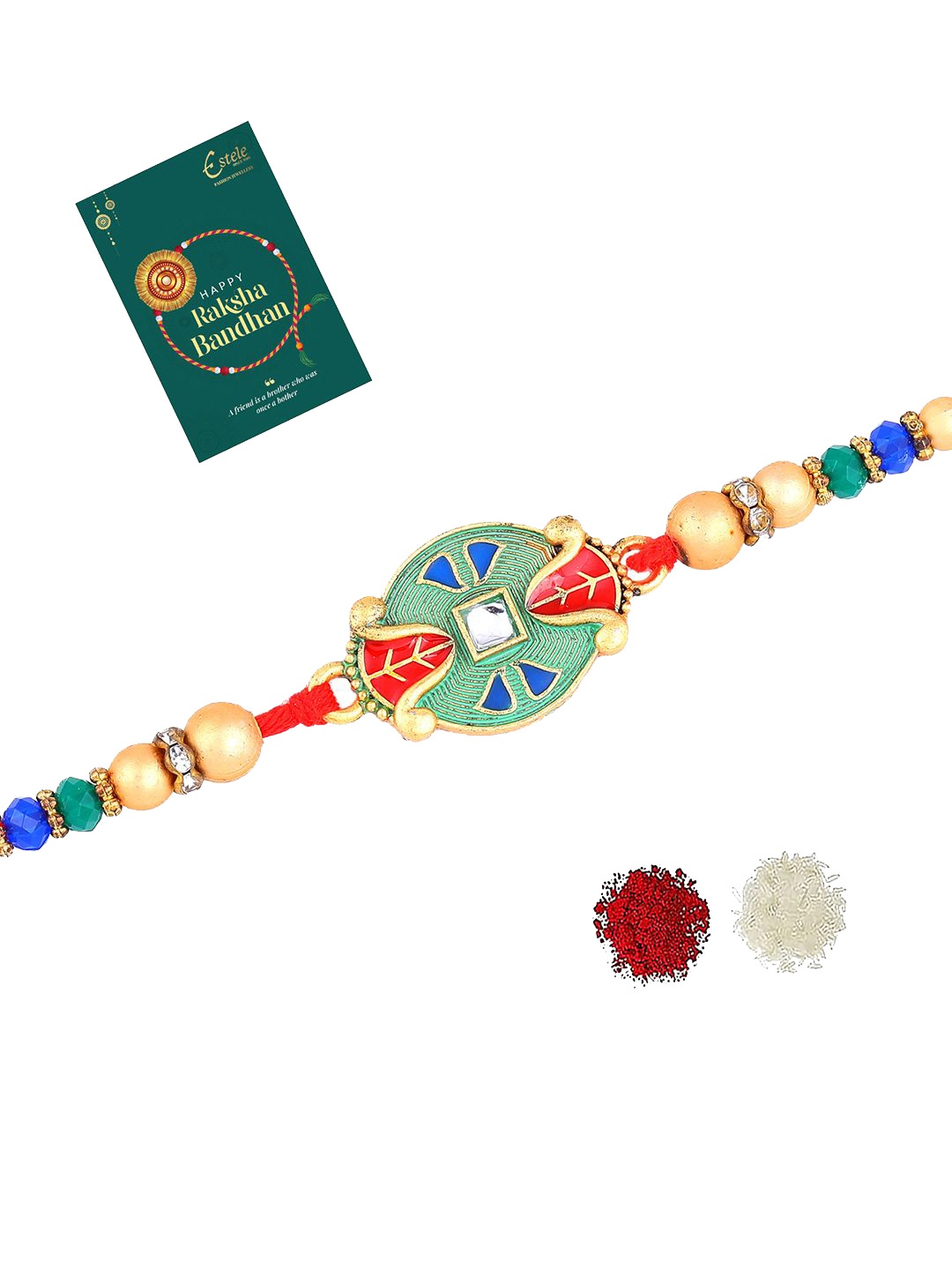 

Estele Oval Design Rakhi With Roli Chawal & Greeting Card, Gold