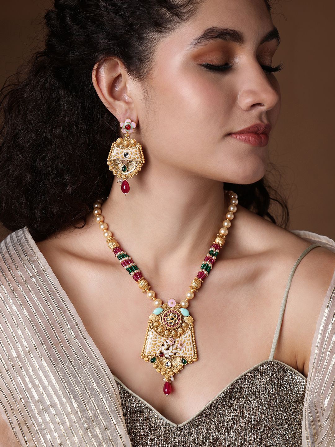 

PANASH Gold Plated Stones Studded & Beaded Jewellery Set