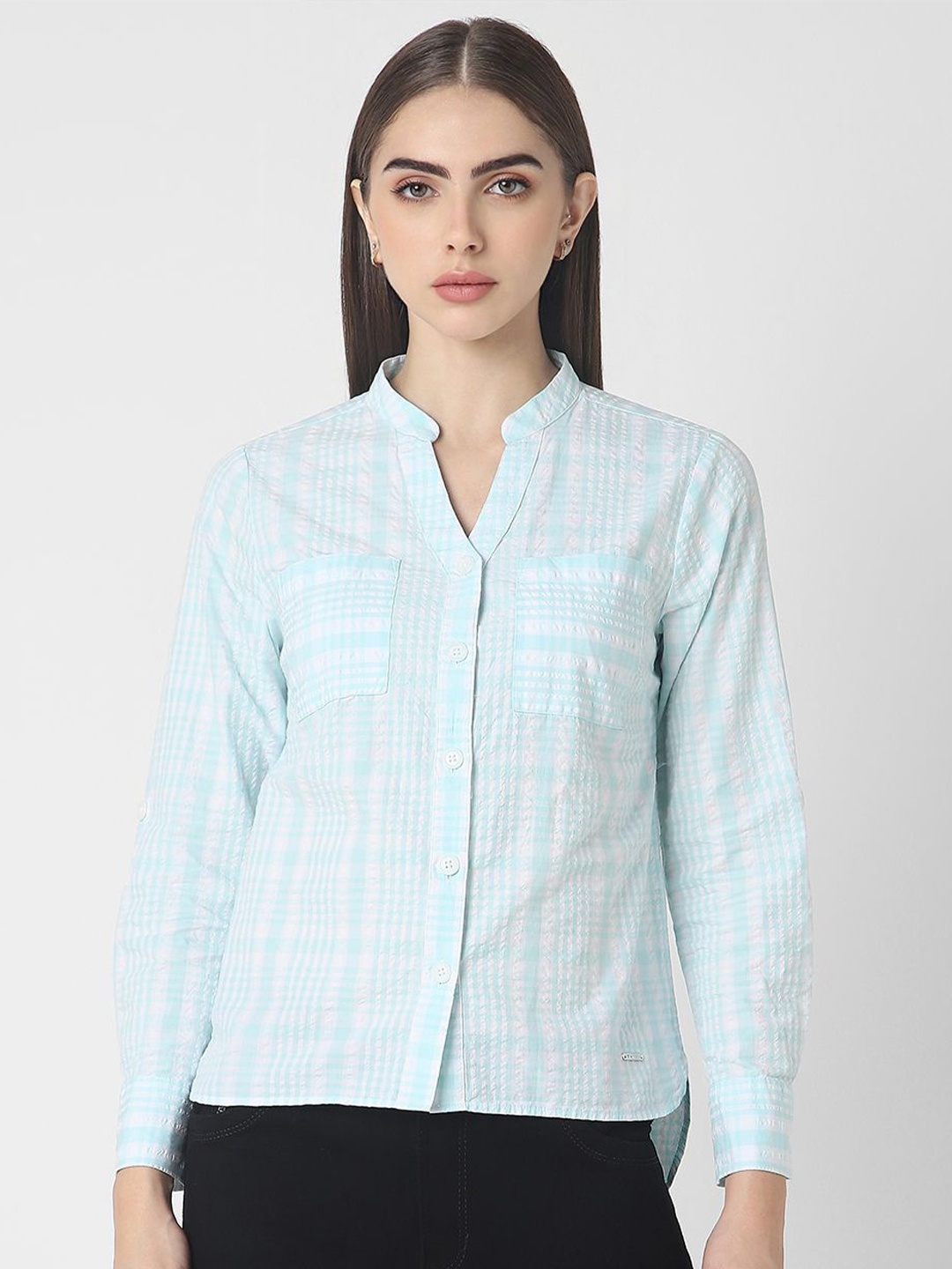 

Van Heusen Woman Women Mandarin Collar Checked Cotton Casual Shirt, White