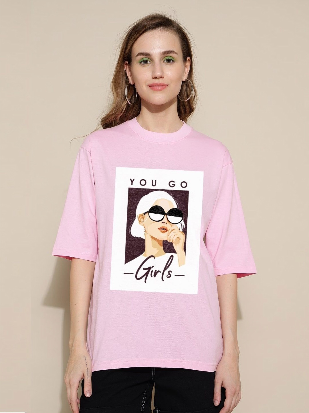 

Gavin Paris Women Bio Finish Graphic Printed Round Neck Pure Cotton Oversized T-Shirt, Pink