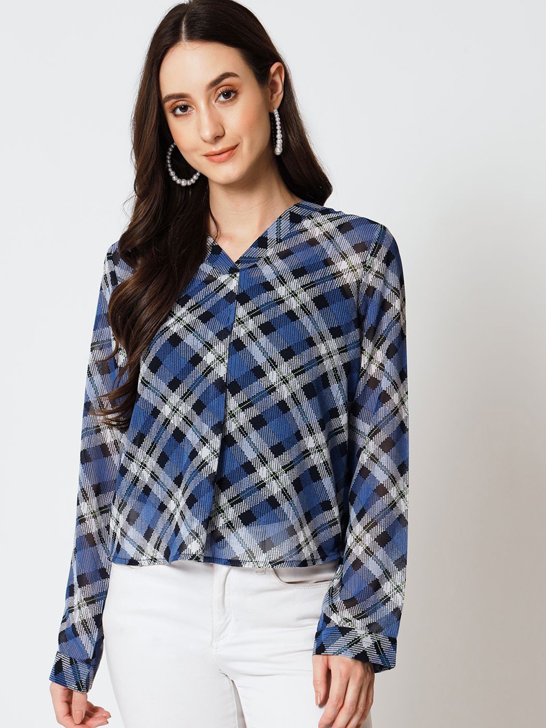 

Yaadleen Women Checked Lapel Collar Top, Blue